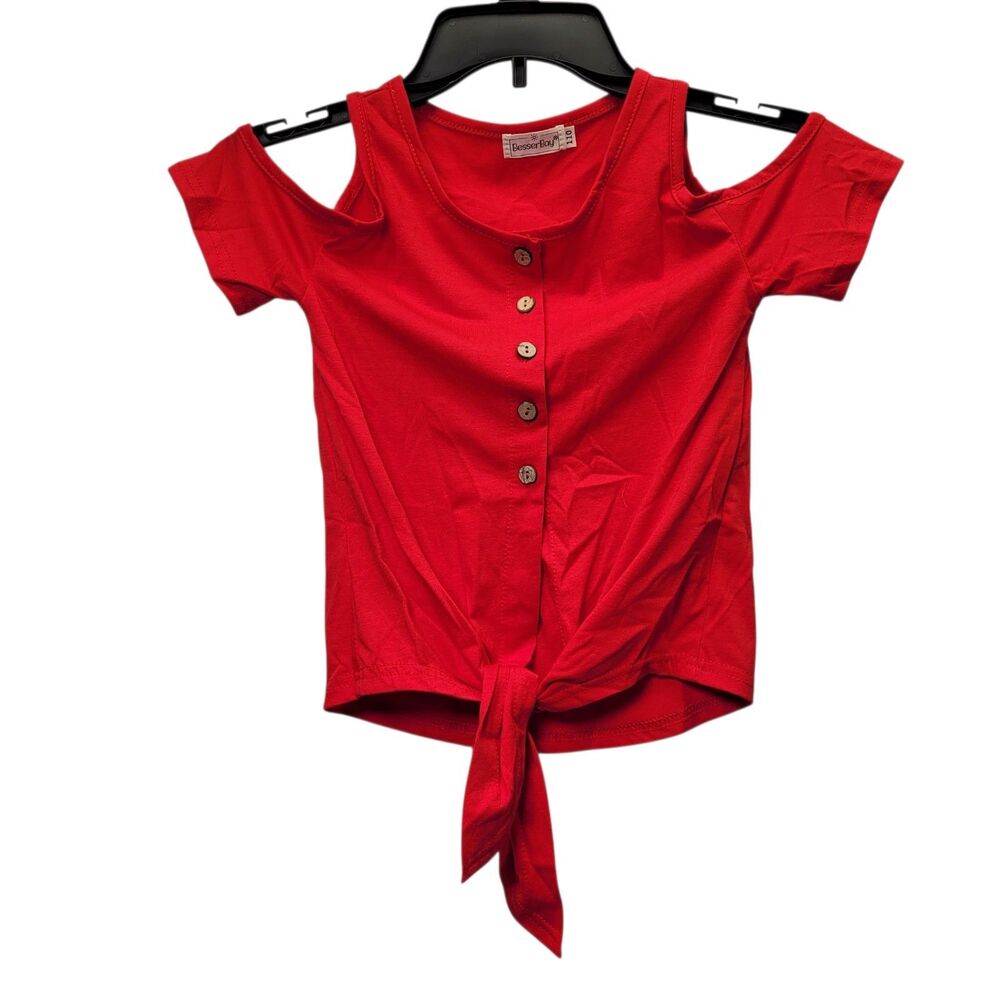 BesserBay Girls Button-Up Cold Shoulder & Tie Red Shirt Size 3-4 Years Old